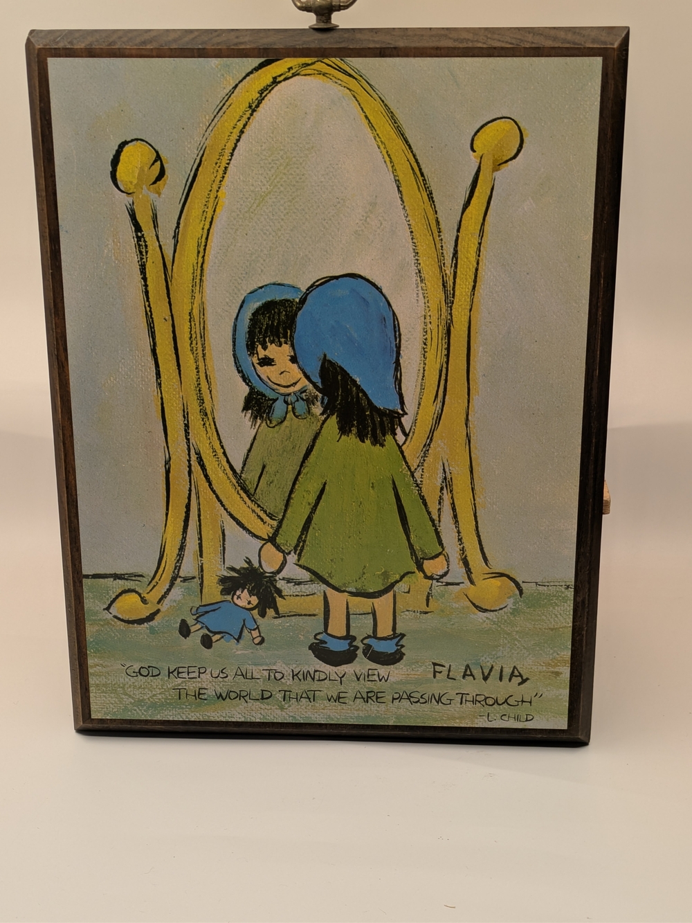 Flavia Blue & Green Girl Mirror Illustration Wall Art Vtg 1969 On Wood